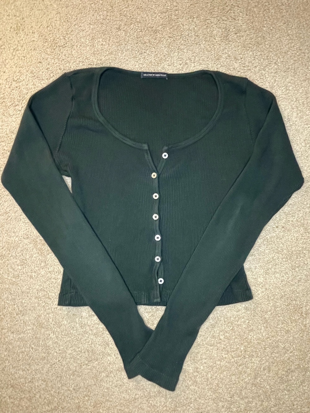 Brandy Melville Forest Green Ribbed Button-Front Long Sleeve Top Preppy Cropped